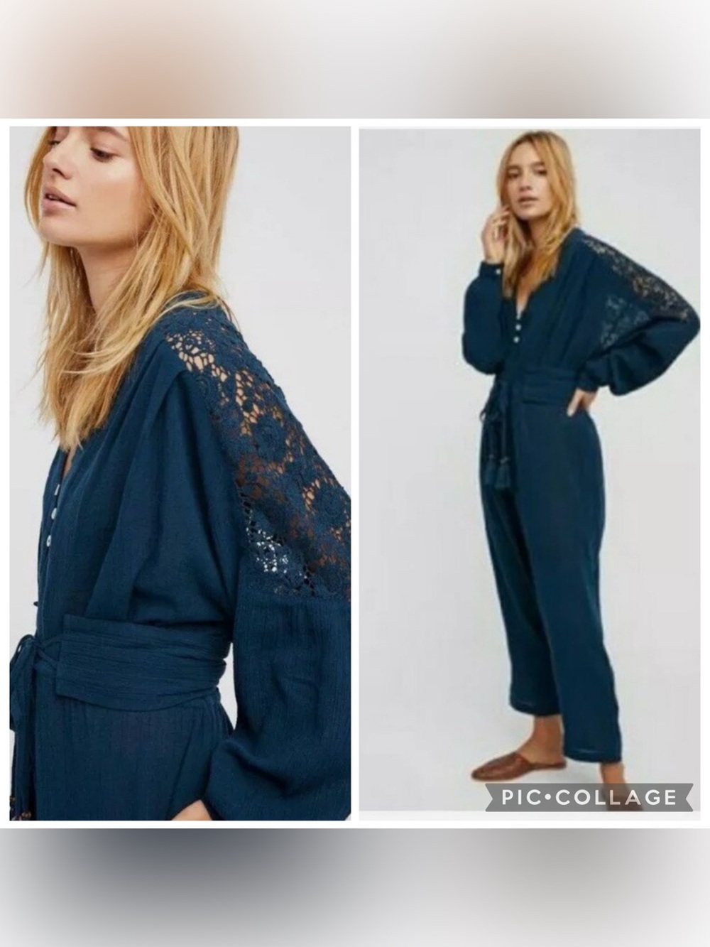 Free People Crochet Oversized Jumper Navy Back Lace-Accent W/ Adjustable Waist